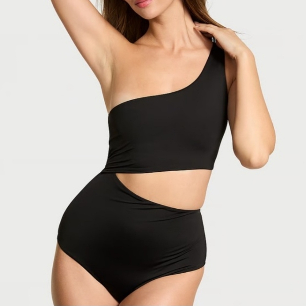 Victorias Secret Black Cutout One Shoulder One Piece Swimsuit Beach Womens Sz XL